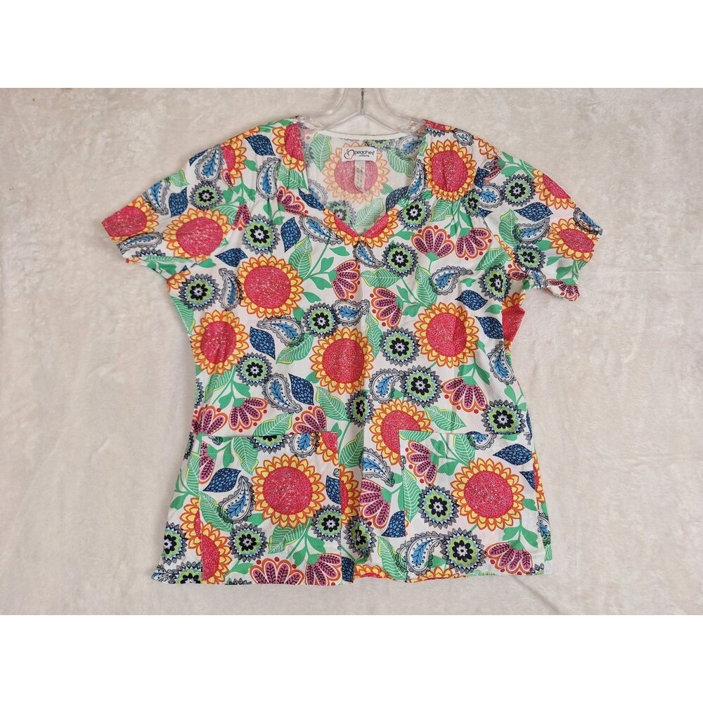 Peaches Scrub Top XL Uniform Bright Colorful Tropical Floral Pattern Cinched